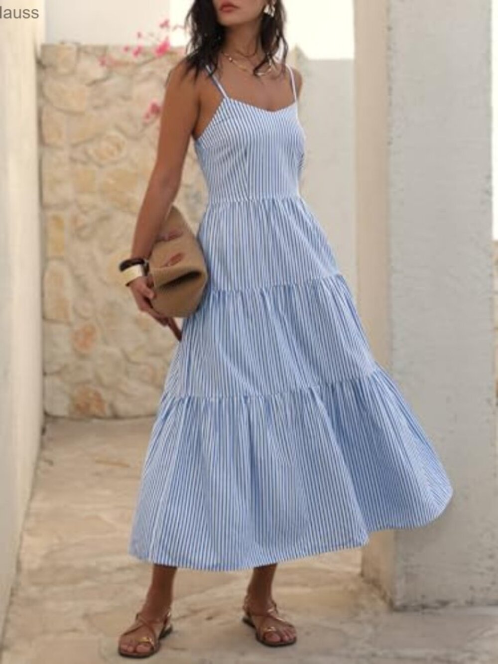 Sleeveless Striped Plaid Midi Maxi Dress, 100% Rayon, Adjustable Straps, Hidden - Picture 3 of 7